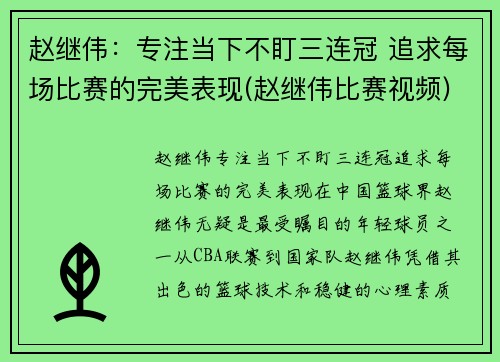 赵继伟：专注当下不盯三连冠 追求每场比赛的完美表现(赵继伟比赛视频)