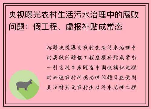 央视曝光农村生活污水治理中的腐败问题：假工程、虚报补贴成常态