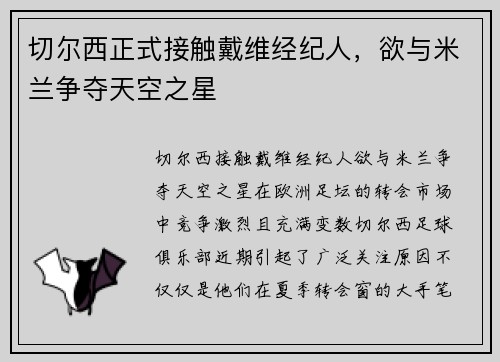 切尔西正式接触戴维经纪人，欲与米兰争夺天空之星