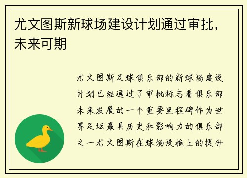 尤文图斯新球场建设计划通过审批，未来可期